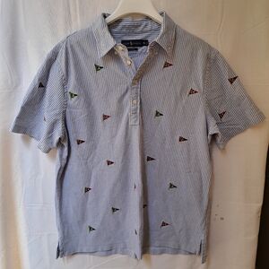 Ralph‎ Lauren Polo Shirt Men XL Blue Stripe Nautical Flag Embroidered Oxford